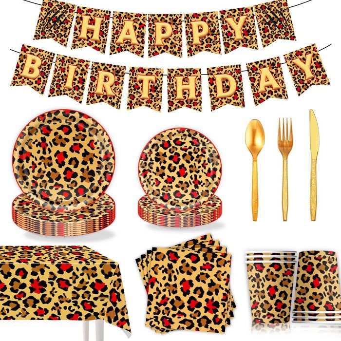Kit de décoration anniversaire  - Imprimé léopard rouge - 9 pieces assiettes 7 9 pouces serviettes gobelets guirlande nappe couverts