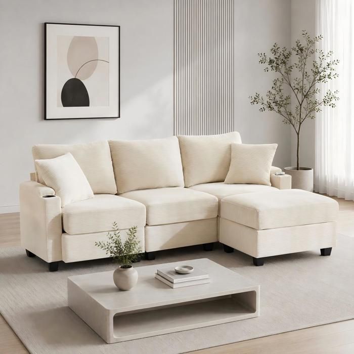 Ulsam Canapé dangle convertible en tissu Beige- 3 places. fauteuil dangle réversible coffre lit modulable