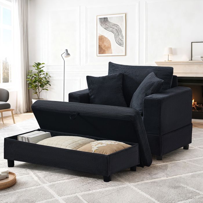 Méridienne noire moderne en velours côtelé avec rangement et repose-pieds canapé lounge avec 3 coussins pour salon et chambre