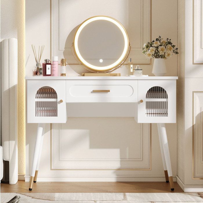Coiffeuse scandinave avec miroir LED rond 1 tiroir 2 portes et étagères réglables blanc 100 x 42 x 112 cm