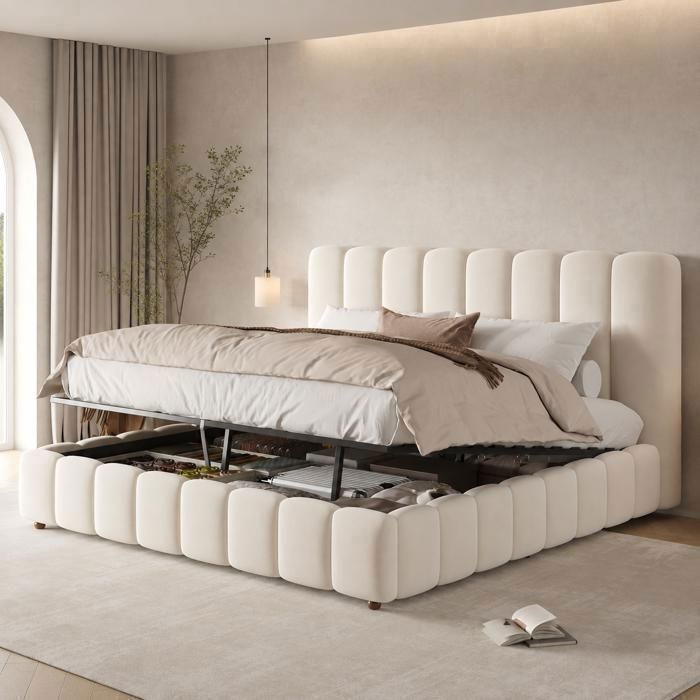 Lit Coffre Rembourré - 180 x 200 cm - Lit Double en Velours Beige - avec Sommier Relevable Hydraulique et Grand Rangement
