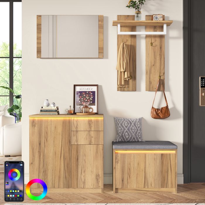 Meuble console dEntrée bois naturel avec miroir barre à vêtements banc vestiaire rangement chaussures 130 x 35 x 124.5 cm