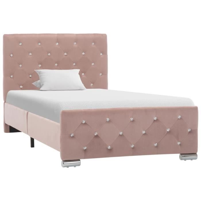 Cadre de lit Rose Tissu 90 x 200 cm - ALOMEJOR - Vintage - Structure en Bois - Panneaux de particules