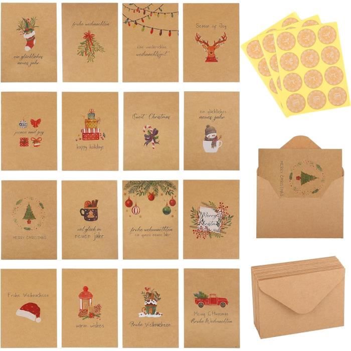 Cartes De Noël – Lot De 20 Cartes Vintage Avec Enveloppes + Autocollants – 10 Motifs Différents – Papier Cartonné 10x15 Cm