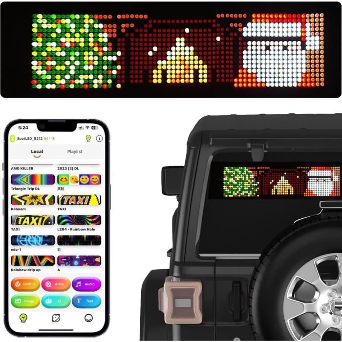 Panneau LED Voiture 17x7cm Programmable - Bluetooth, Télécommande, Texte Défilant Personnalisable