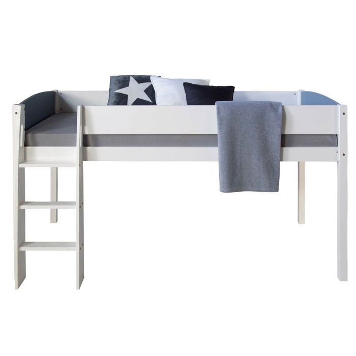 Lit mezzanine mi hauteur avec sommier a lattes 90x200cm echelle en bois blanc et gris LIT06168