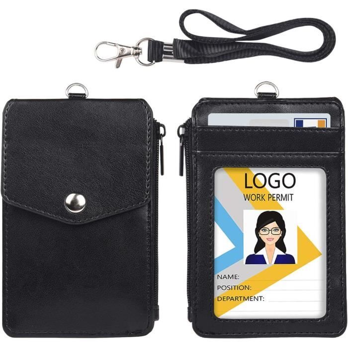 Porte-badges Avec Lanière Cou - 3 Emplacements Carte + Poche Zippée, Cuir PU, Fenêtre Transparente