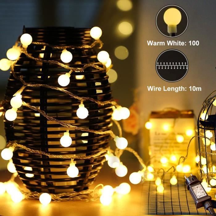 Guirlande Lumineuse LED 10 Mètres 100 LEDs Rechargeable - Télécommande, Minuteur, 8 Modes - Blanc Chaud, étanche, Pour Intérieur/extérieur