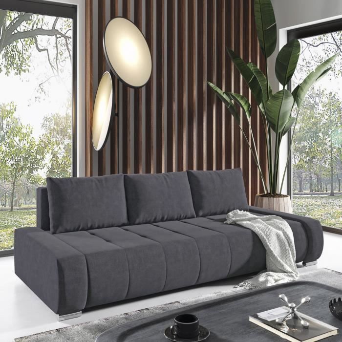 Canapé convertible avec coffre de rangement en velours gris anthracite ...