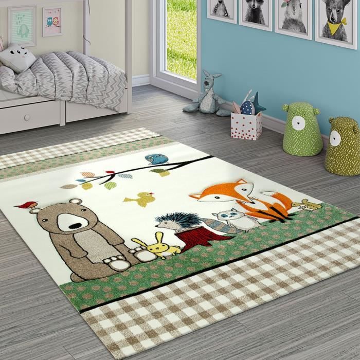 Tapis Enfant Carreaux Motif Forêt Animaux Ours Et Renard Beige