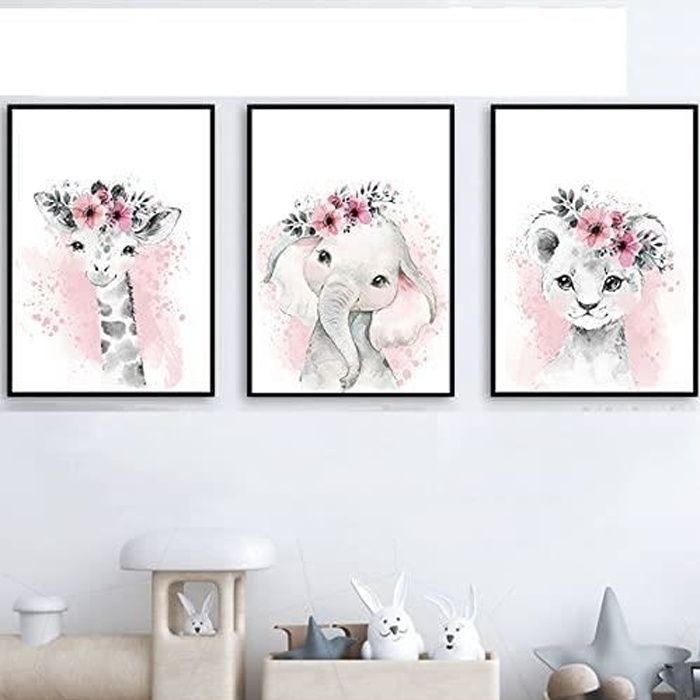 3 Affiches Animaux Chambre Bebe Fille Rose Tableau 30x40 Poster