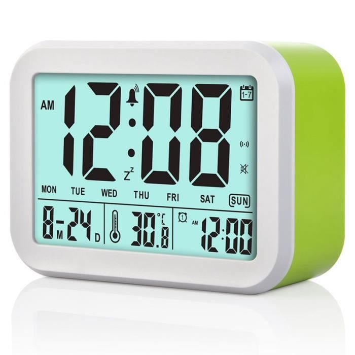 Réveil Digital Alarme Horloge Calendrier Numérique Précision Thermomètre avec Bouton Tactile et Écran LCD Affichage de Date et Température 2 Alarme