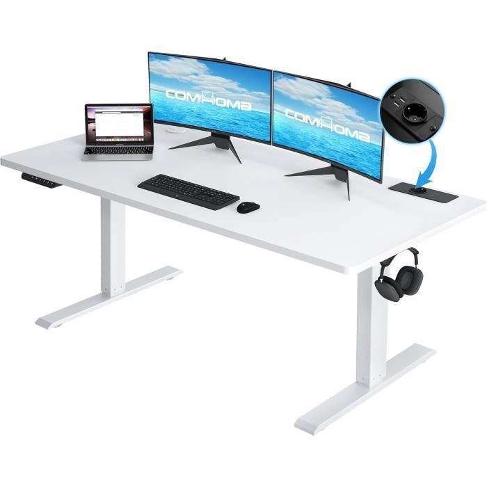 Bureau assis-debout électrique - COMHOMA - 160 x 70 cm - 72–114 cm réglable - Mémoire 2 hauteurs - 80 kg