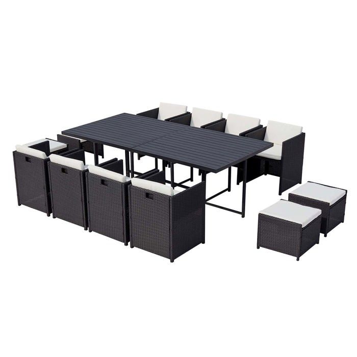 SUNSET 12 - Salon de jardin encastrable 12 places avec fauteuils et poufs en résine tressée noir et blanc SUNSET 12 - Salon de jardin encastrable 12 places avec fauteuils et poufs en résine tressée noir et blanc