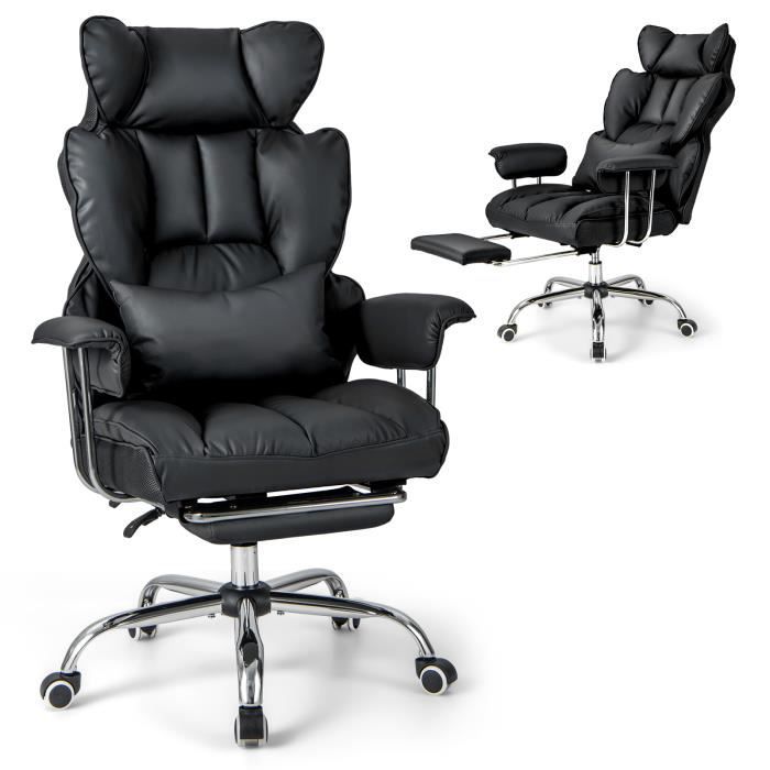 fauteuil de bureau ergonomique costway - noir - hauteur réglable - dossier inclinable - repose-pieds rétractable