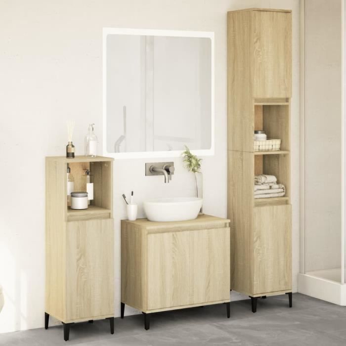 Ensemble de meubles de salle de bain - CUQUE - AF264 - Chêne Sonoma - 3 pièces - Design Contemporain