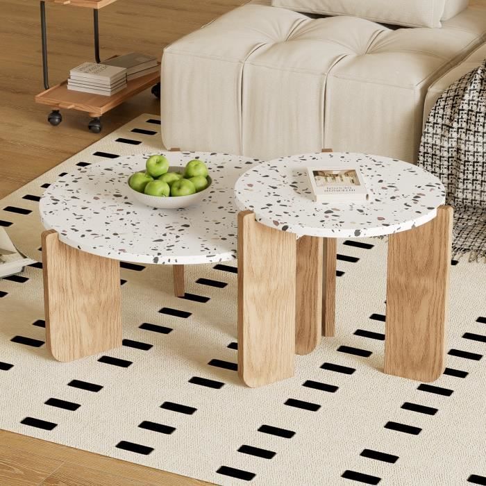 Table basse - DREAMMESPACE - Lot de 2 - 70x70x35cm - Blanc et naturel - Design contemporain