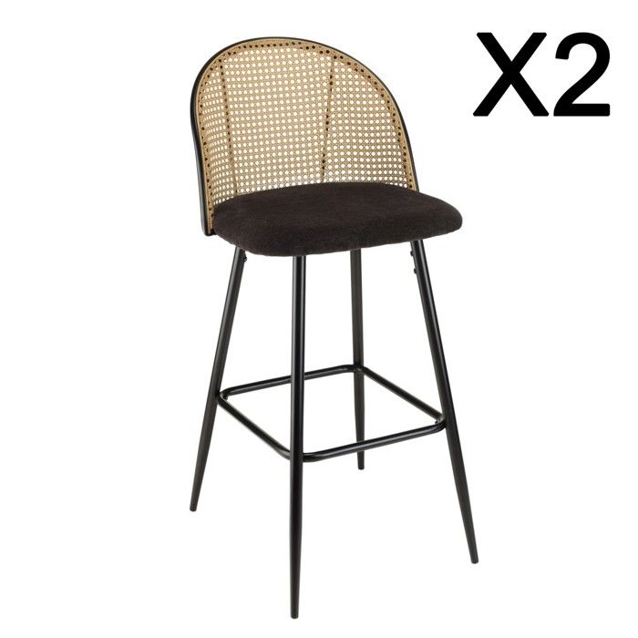 MACABANE LEA - Lot de 2 tabourets bar assise tissu noir dossier effet cannage MACABANE LEA - Lot de 2 tabourets bar assise tissu noir dossier effet cannage