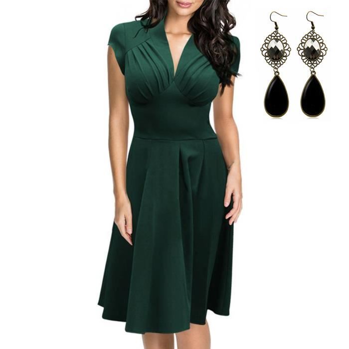 ELECTRI Robe Femme Vintage Ann/ées 50 Pin up Robe de Soir/ée Cocktail C/ér/émonie Style Audrey Hepburn Rockabilly Swing Col en V Mancheron Robe De Plage