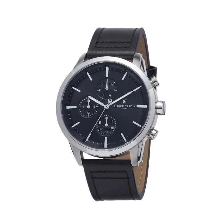 Montre Homme Pierre Cardin PC902741F102 - Quartz Multi-Cadrans - Bracelet Cuir Noir