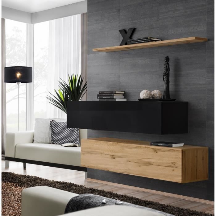 ensemble meubles de salon switch sbii design, coloris chêne wotan et noir brillant. 30 marron