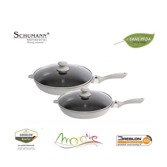 Schumann Professionnel - Lot de 2 Poêles Moove Revêtement en Pierre - Compatibles Tous feux dont Induction - Fonte d'Aluminium - Manches Amovibles en Silicone - Couvercle Inclus - 28/32cm Schumann Professionnel - Lot de 2 Poêles Moove Revêtement en Pierre - Compatibles Tous feux dont Induction - Fonte d'Aluminium - Manches Amovibles en Silicone - Couvercle Inclus - 28/32cm
