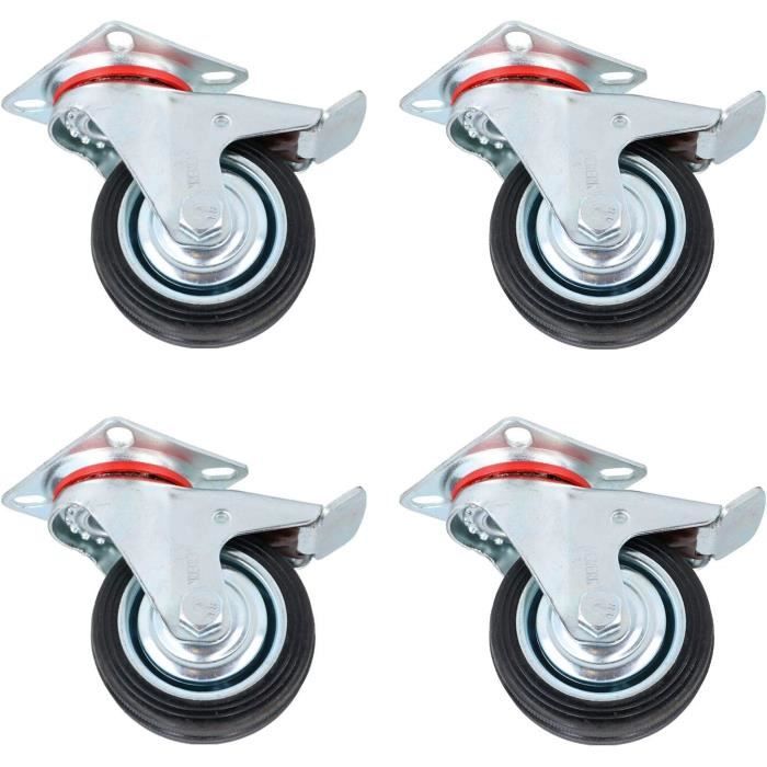 Lot De 4 Roulettes Pivotantes Avec Frein - Tige Filetée 10mm, Roue Caoutchouc - Pour Meuble, Chariot