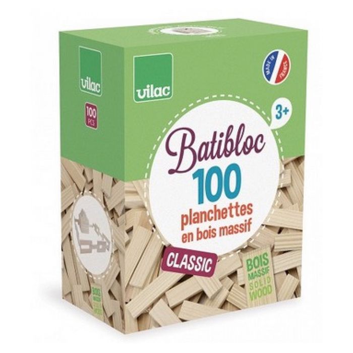 jeu de construction - vilac - batibloc - petit bâtisseur naturel - 100 pièces