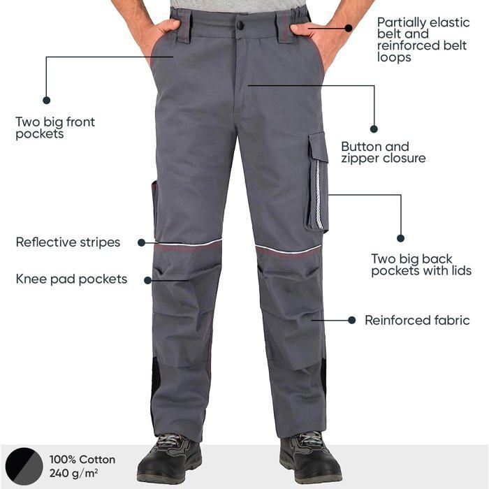 BWOLF Raptor 100% katoenen werkbroek voor heren, blauw, werkbroek voor heren, met multifunctionele zakken, reflecterende strepen, Grijs, 3XL