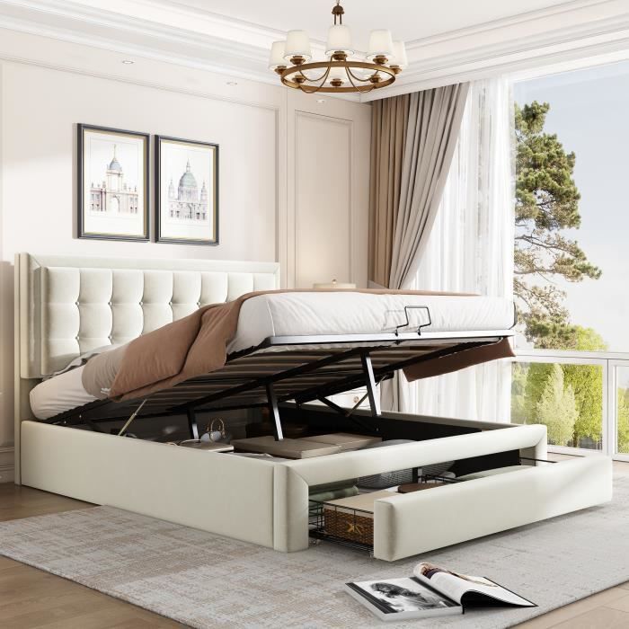 Lit coffre Canapé-lit 140x200 cm lit de rangement avec 2 tiroirs sommier à  lattes en bois velours - Cdiscount Maison
