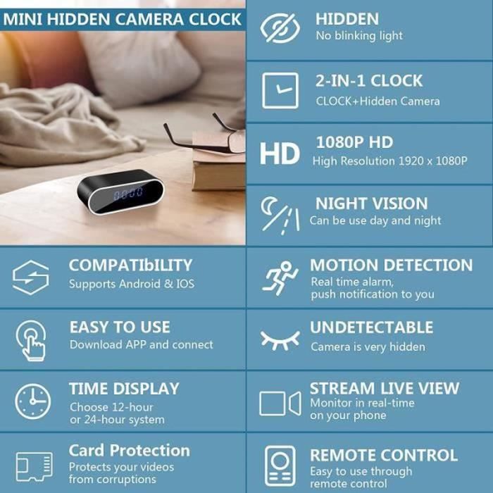 Caméra Espion WiFi Déguisée En Horloge | Détection De Mouvement Et Vision Nocturne | Surveillance Intérieure HD 1080p
