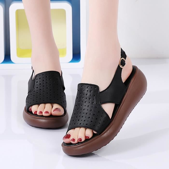 Sandales Femmes Chaussures ete Cuir Outdoor Plage Noir Cdiscount Chaussures