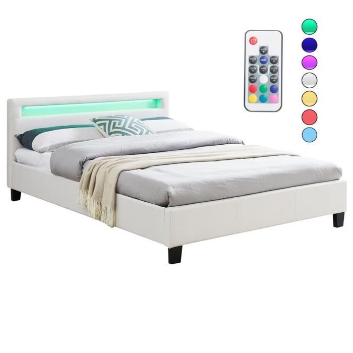 Lit double pour adulte RIOJA avec sommier 140x190 cm 2 places 2 personnes,  tête de lit avec LED intégrées, en tissu blanc - Cdiscount Maison