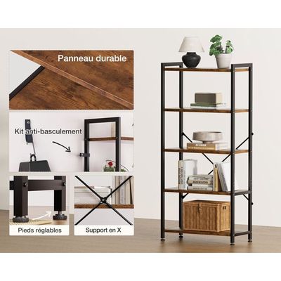 Étagère Bibliothèque 5 Niveaux Avec 14 Tablettes - 145,4 Cm De Haut, Marron, Rangement Bureau Salon Chambre