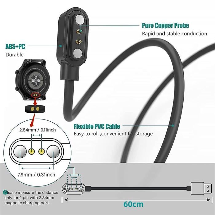 Chargeur Magnétique USB-C Pour Montre Amazfit T-Rex 3, Balance 2, Helio – Lot De 2, Alliage Alu, Protection Surtension