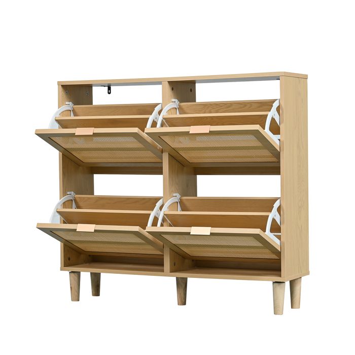 HAUSPROFI Armoire à Chaussures Étroite En Rotin Naturel - 4 Abattants 8 Étagères Réglables - 100x23,8x87,8 Cm