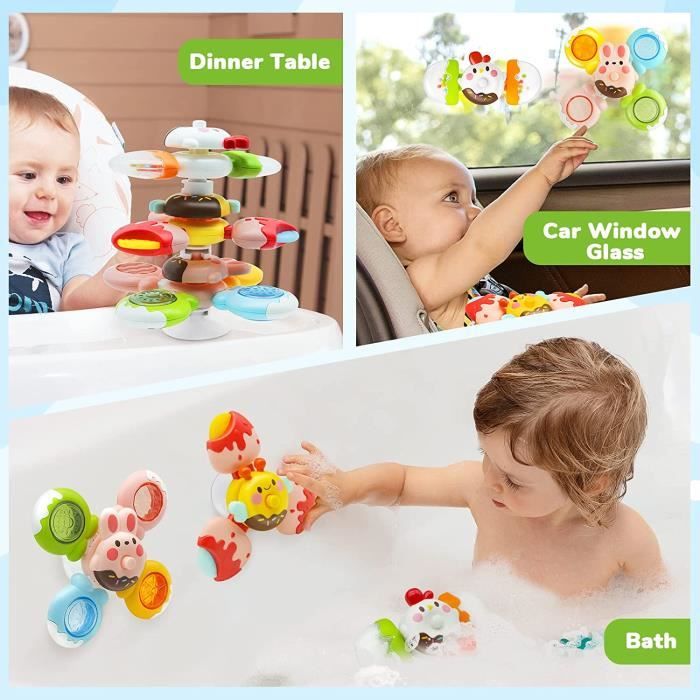 Jouets à Ventouse Pour Bébés - 3 Spinners Sensoriels Animaux, Pour Le Bain, Les Voyages, Développement Motricité