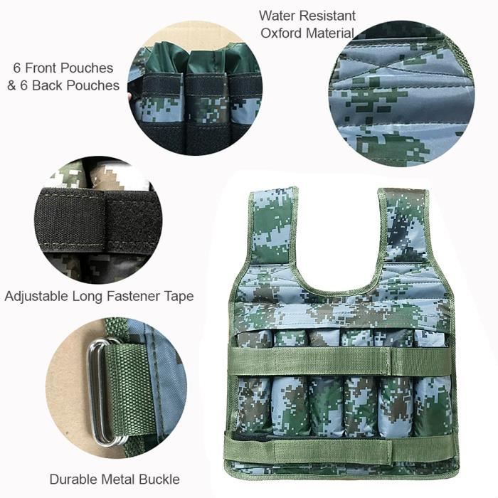 Gilet Lesté Camouflage 20 Kg (44 Lbs) Réglable - Fitness, Musculation