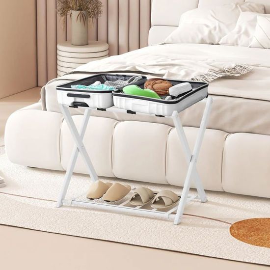 Lot 2 Porte-Valises Pliables Doré Avec Étagère Tissu – Support Bagage Chambre Invités Hôtel 50 Kg Max