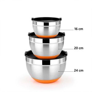 3X Bol INOX avec Couvercle - 3X Saladier en Acier Inoxydable avec