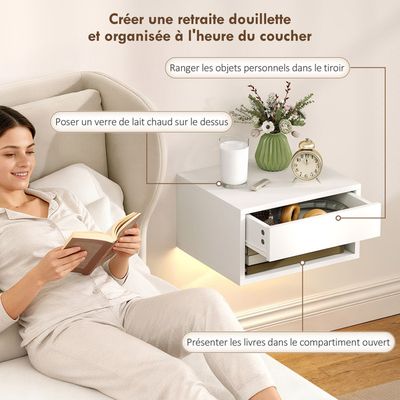 CHOWGOLI Table De Chevet Suspendue Avec Bande LED Et 2 Prises USB, Noir, 42x30x24,5 Cm