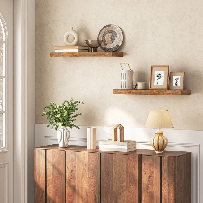Étagère Suspendue Bois Chêne L120 Cm - 2 Portes + 2 Niches, Panneaux Particules, Style Contemporain Pour Salon