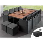 BESTMOBILIER Cuba - Salon de jardin encastrable 12 places - en résine tressée - Noir avec coussins gris + housse de protection - Noir / Gris