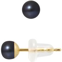 PERLINEA - Clous d'Oreilles - Véritables Perles de Culture d'Eau Douce Noires Boutons 4-5 mm - Or Jaune - Bijoux Femme