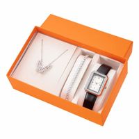 SHARPHY Coffret montre femme + bracelet + collier - cadran rectangulaire diamants bracelet en cuir noir cadeau