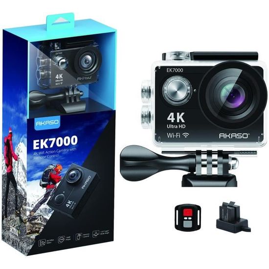 AKASO Caméra Sport EK7000 4K 25FPS 12MP avec 170°Grand-Angle Télécommande Caméscope WiFi Caméra 30m Étanche Noir