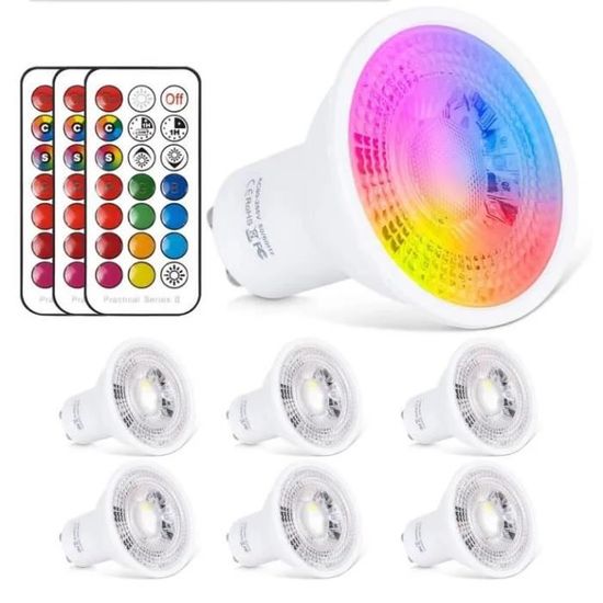 6pcs  Ampoule Spot LED RGB GU10 6W Dimmable LED Spot Bulb RVB + Blanc Chaud 2700K,12 Couleurs avec Télécommande, 20W D'équivalent