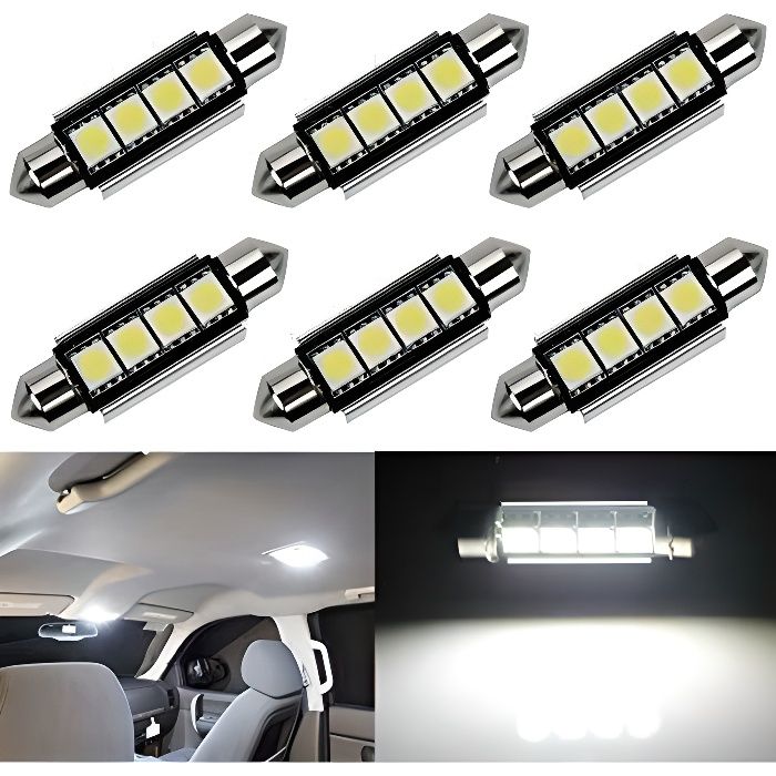 C5W LED Ampoules 6000K Navette 42mm CanBus Festoon 5050 SMD Blanc 4 smd
