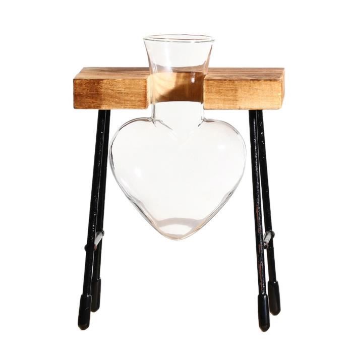 Décoration de bureau de plateau en bois de pot de fleur de vase hydroponique en verre de forme de coeur @aghh4329