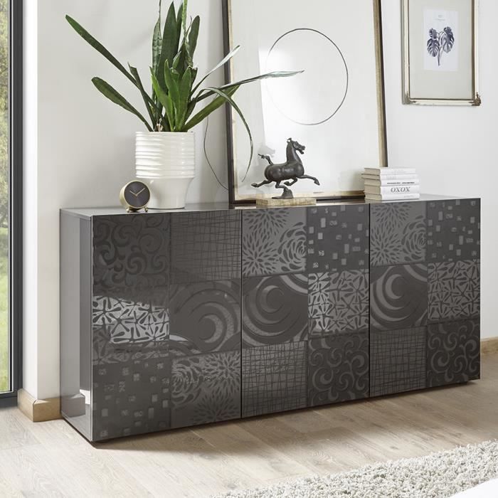 Buffet gris laqué 180 cm design ELMA 2, 3 portes Gris L 181 x P 42 x H 84 cm